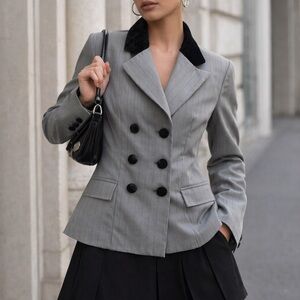 Chic Gray Double-Breasted Blazer with Black Details